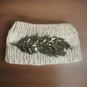 Handmade Ear Muff Headband White Gold Sequin Feather Flapper Retro Glamour